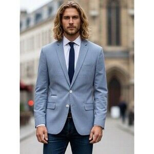 Express Photographer Blazer Fitted Chambray Blue Cotton Preppy Jacket  44R